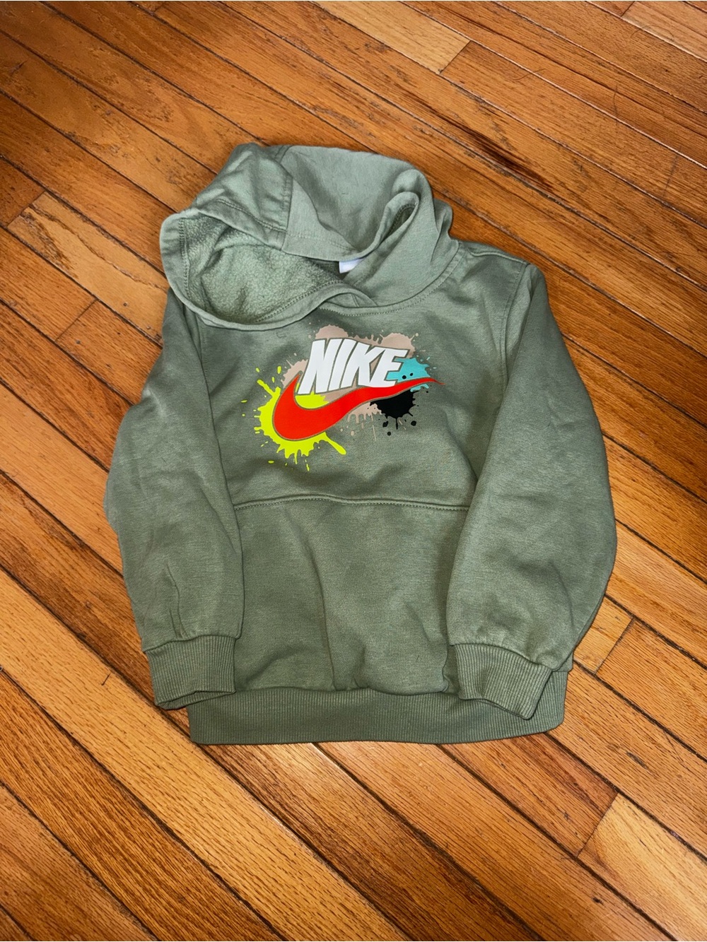 Nike Olive Green Hoodie with Bright Multi-Color Swoosh